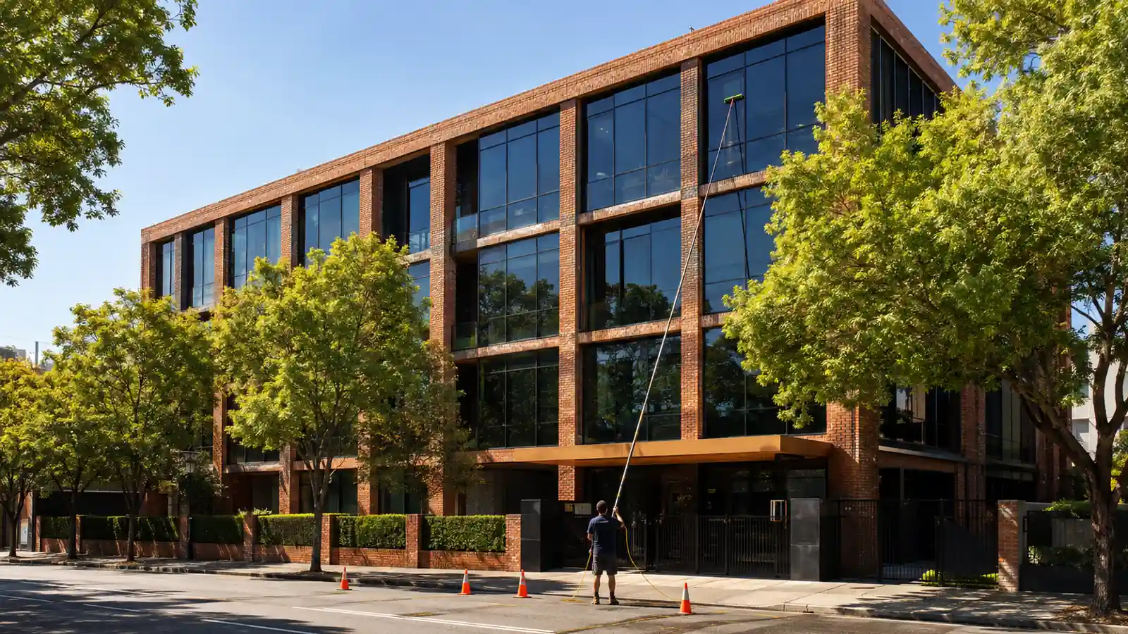 Mid-rise commercial facade cleaned from the ground with a water-fed pole