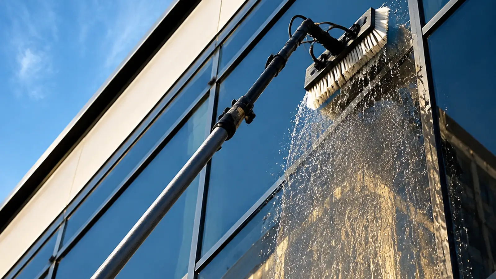 Water-fed pole cleaning a mid-rise building facade from the footpath