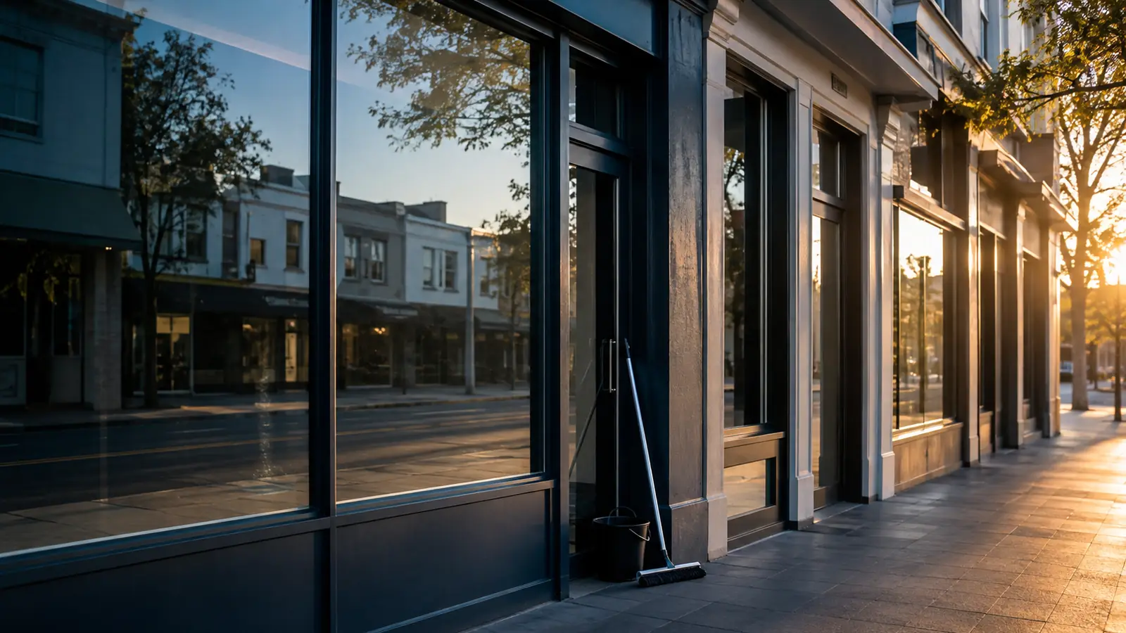 Street level shopfront glass cleaned before trading hours