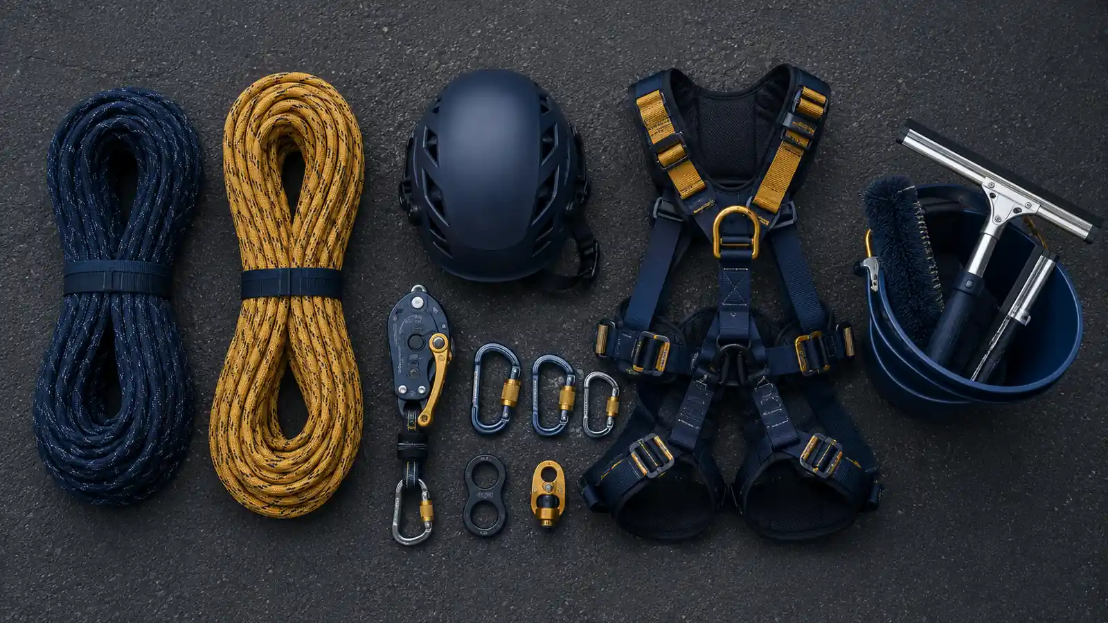 Rope access descenders, ropes and gear checked before a tower clean