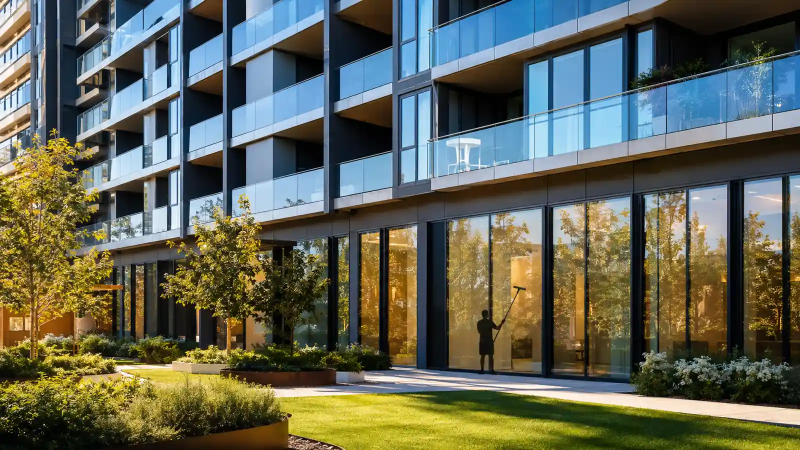 Strata apartment building windows being cleaned for an owners corporation